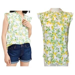LOFT Lemon Print Ruffled Cap Sleeve Blouse